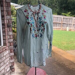 Johnny Was Blue Green Embroidered THIN Top
M As is Fading Stains